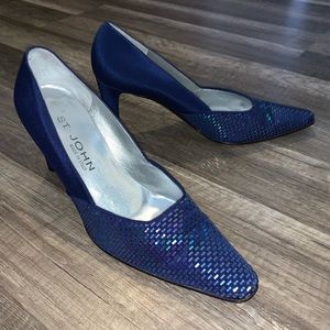 St Johns blue satin heels w/ sequence toe. Size 8